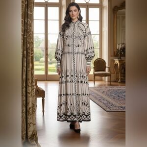 Elegant Black and White Geometric Pattern Maxi Dress Boho Fancy Night out